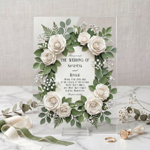 White Roses and Baby's Breath Acrylic Wedding Invitations