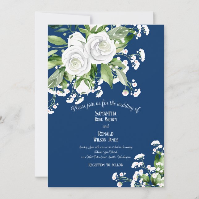 White Roses and Baby's Breath on Navy Blue Wedding Invitation (Front)