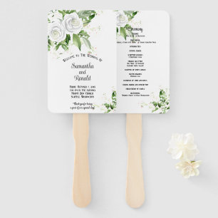 White Roses and Baby's Breath Wedding Program Hand Fan