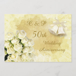 White roses and bells 50th Wedding Anniversary Invitation