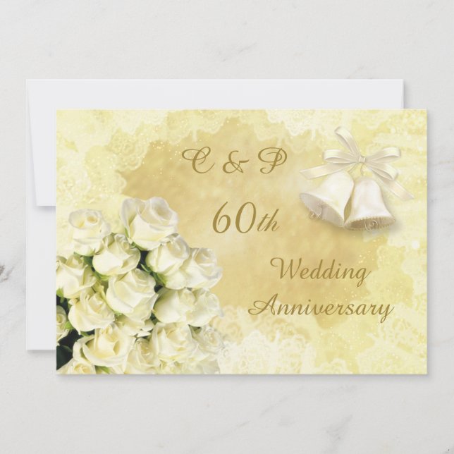 White roses and bells 60th Wedding Anniversary Invitation (Front)