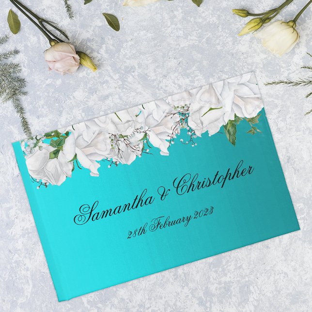 White Roses and Bright Aqua Wedding Guest Book (Creator Uploaded)