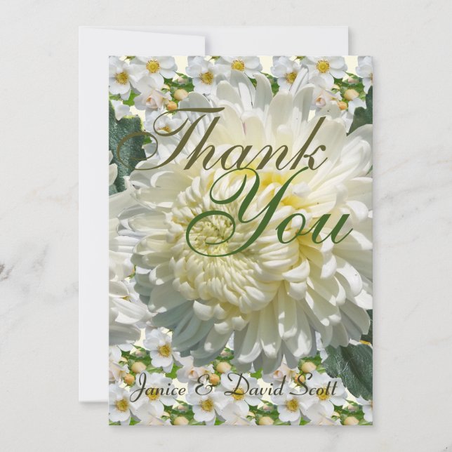White Roses and Chrysanthemum Wedding Thank You Card (Front)