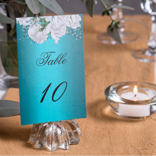 White Roses and Elegant Aqua Wedding Table Number (Creator Uploaded)