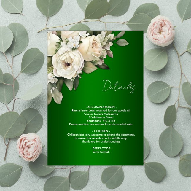 White Roses and Emerald Green Boho Wedding Details Enclosure Card (Creator Uploaded)