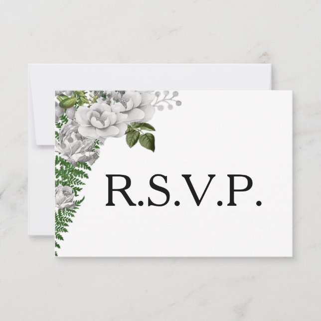 White Roses and Ferns Wedding RSVP Card (Front)