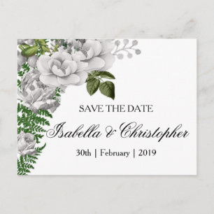 White Roses and Ferns Wedding Save the Date Announcement Postcard