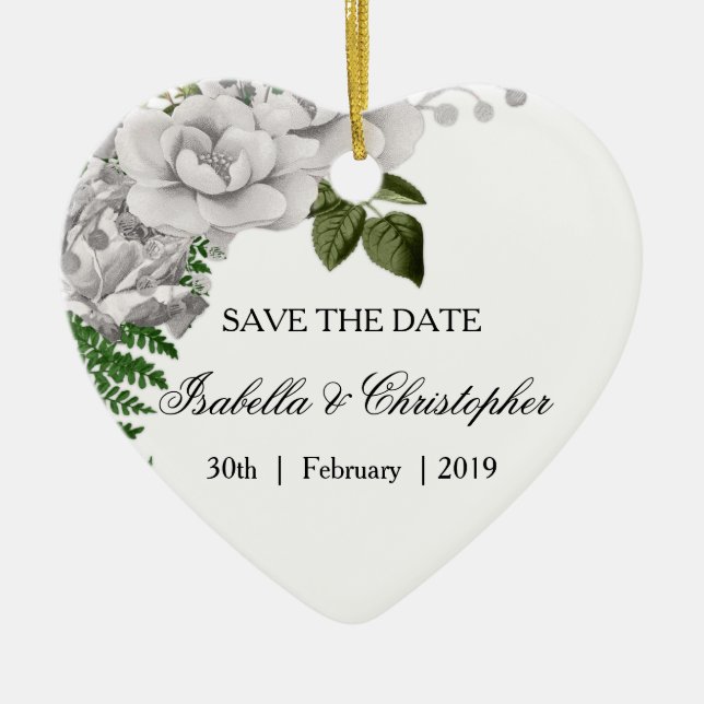 White Roses and Ferns Wedding Save the Date Ceramic Ornament (Front)