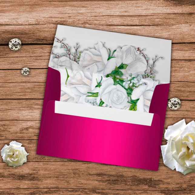 White Roses and Fuchsia Pink Wedding  Envelope (Creator Uploaded)