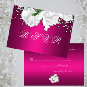 White Roses and Fuchsia Pink Wedding RSVP Card