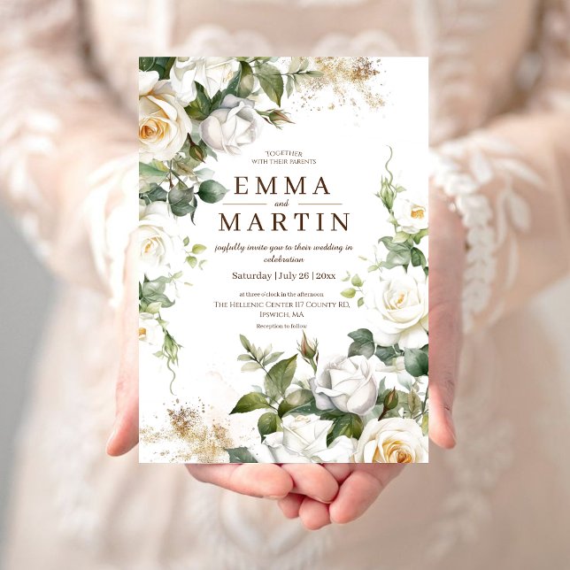 White Roses and Gold Dust Elegant Flower Wedding  Invitation (Creator Uploaded)