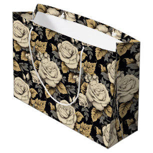 White Roses And Gold Leaves Floral Pattern Large Gift Bag