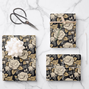 White Roses And Gold Leaves Floral Pattern Wrapping Paper Sheet