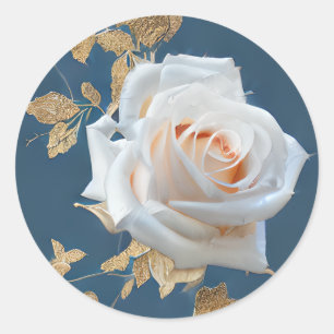 White roses and gold leaves on a blue background classic round sticker