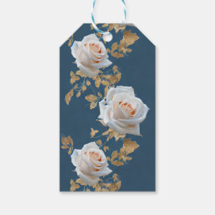 White roses and gold leaves on a blue background gift tags