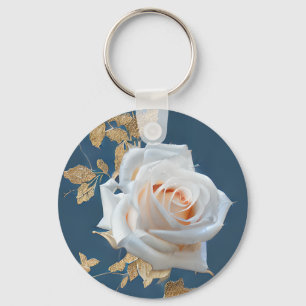 White roses and gold leaves on a blue background key ring