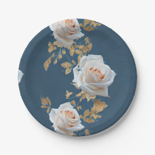 White roses and gold leaves on a blue background paper plate