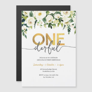 White roses and gold ONEderful birthday Invitation
