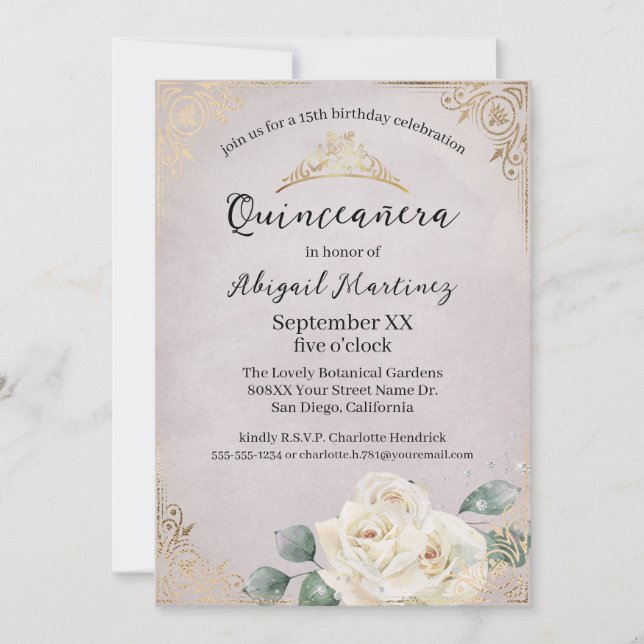White Roses and Gold Vintage Lavender Quinceanera Invitation (Front)