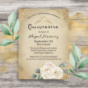 White Roses and Gold Vintage Quinceanera Invitation
