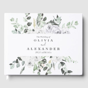 White Roses and Greenery elegant floral wedding Guest Book
