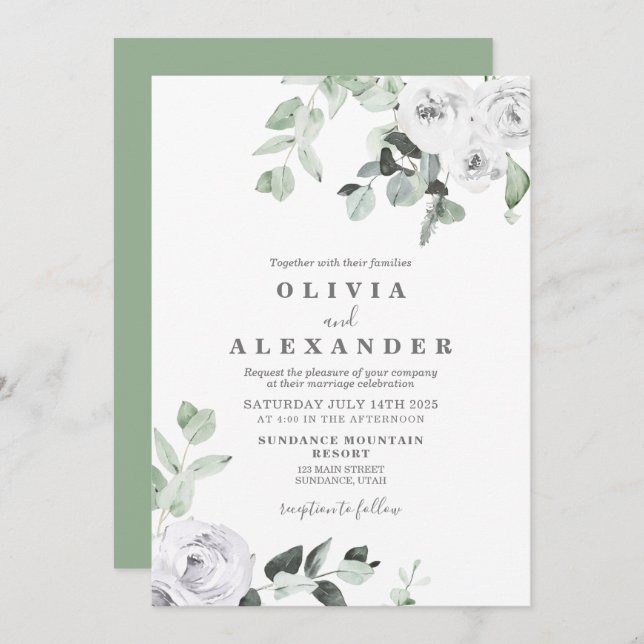 White Roses and Greenery floral wedding Invitation (Front/Back)