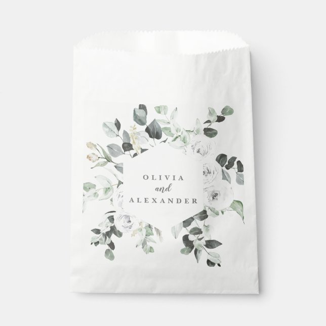 White Roses and Greenery floral wedding monogram F Favour Bag (Front)