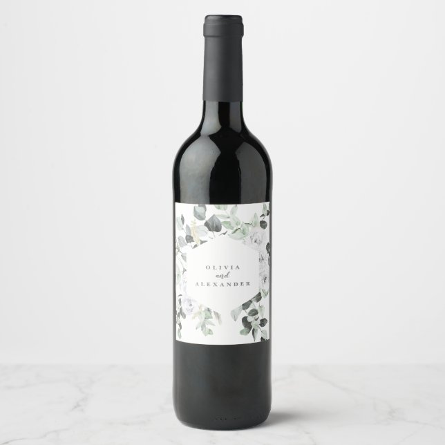 White Roses and Greenery floral wedding monogram Wine Label (Front)