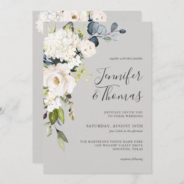 White Roses and Hydrangea Elegant Floral Wedding Invitation (Front/Back)