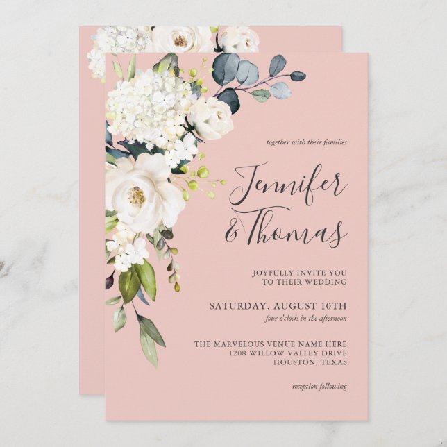 White Roses and Hydrangea on Pink Floral Wedding Invitation (Front/Back)