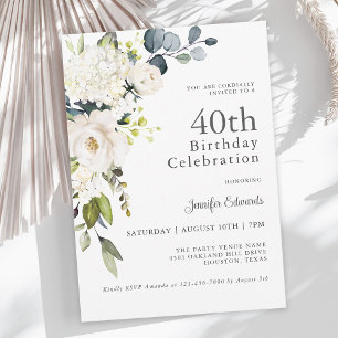 White Roses and Hydrangeas Elegant 40th Birthday Invitation