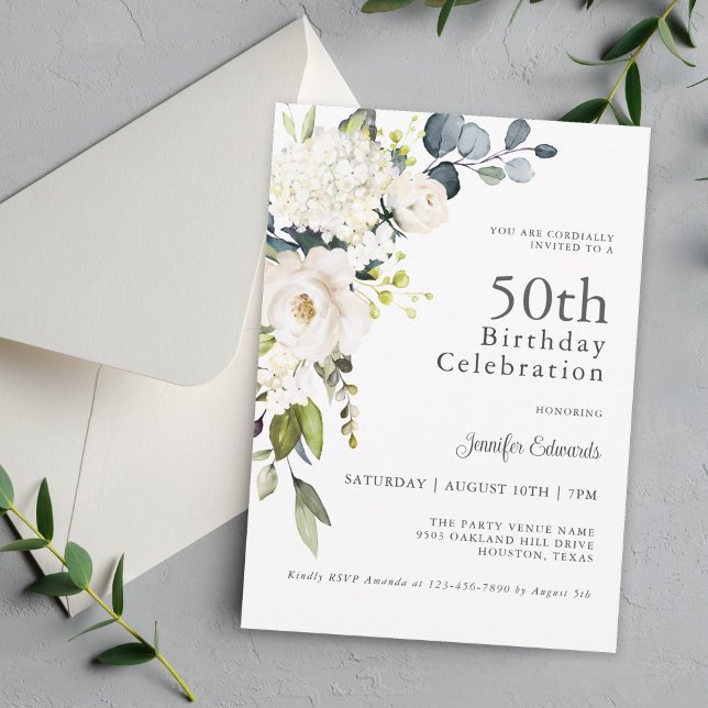 White Roses and Hydrangeas Elegant 50th Birthday Invitation (Creator Uploaded)