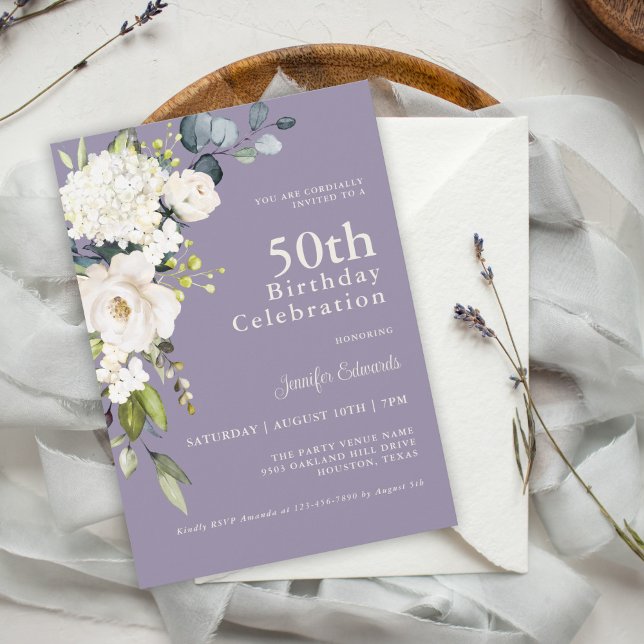 White Roses and Hydrangeas Elegant 50th Birthday Invitation (Creator Uploaded)