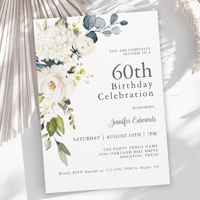 White Roses and Hydrangeas Elegant 60th Birthday Invitation (Creator Uploaded)