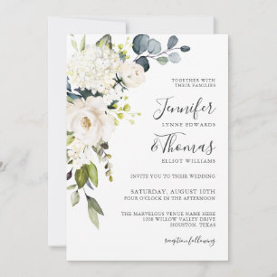 White Roses and Hydrangeas Elegant Floral Wedding Invitation