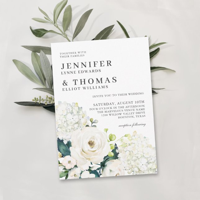 White Roses and Hydrangeas Elegant Floral Wedding Invitation (Creator Uploaded)