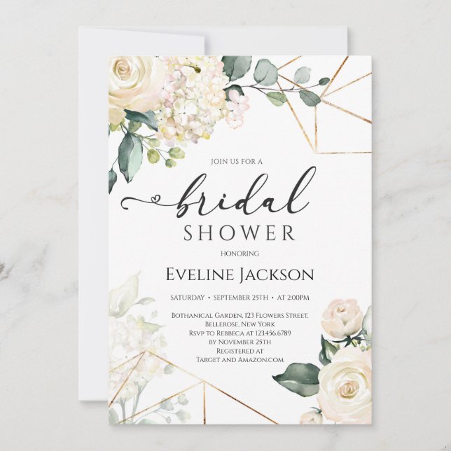 White roses and hydrangeas gold glitter bridal invitation (Front)
