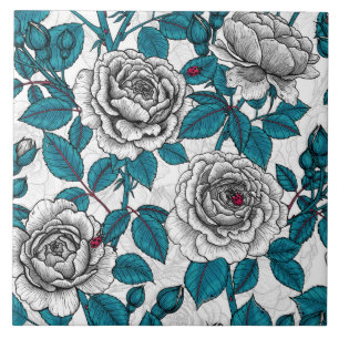 White roses and ladybugs ceramic tile