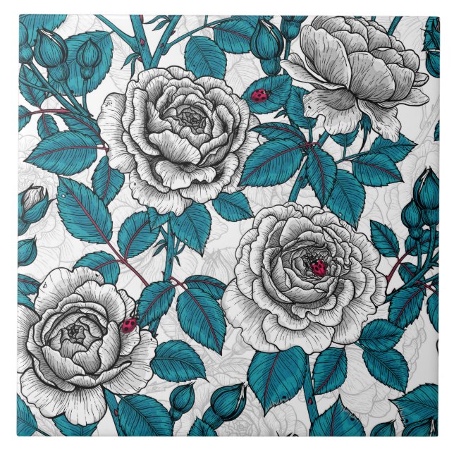 White roses and ladybugs ceramic tile (Front)