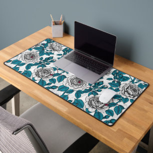 White roses and ladybugs desk mat