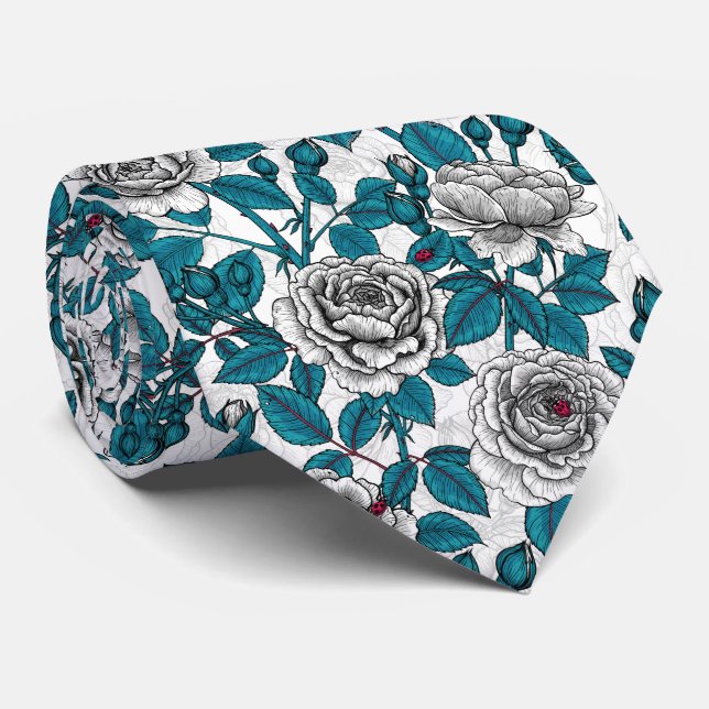 White roses and ladybugs tie (Rolled)