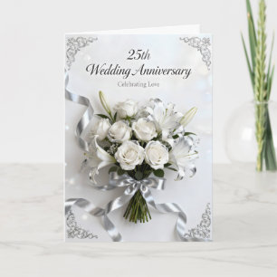 White Roses and Silver Ribbon 25th Anniversary Card