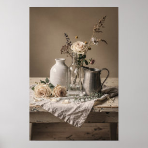 White Roses and Vintage Pitcher Still Life Poster