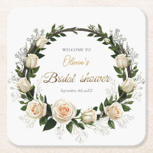 White Roses & Baby’s Breath Favors Square Paper Coaster
