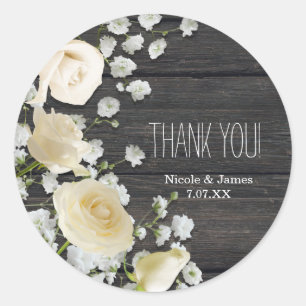 White Roses & Baby's Breath on Wood Bridal Shower Classic Round Sticker
