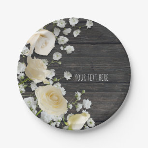 White Roses & Baby's Breath on Wood Bridal Shower Paper Plate