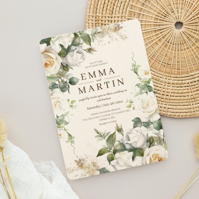 White Roses Beige Elegant Flower Wedding  Invitation (Creator Uploaded)
