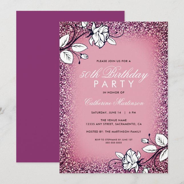 White Roses Birthday Party Purple Glitter Invitation (Front/Back)