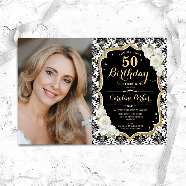 White Roses Black White Damask Photo 50th Birthday Invitation (Creator Uploaded)