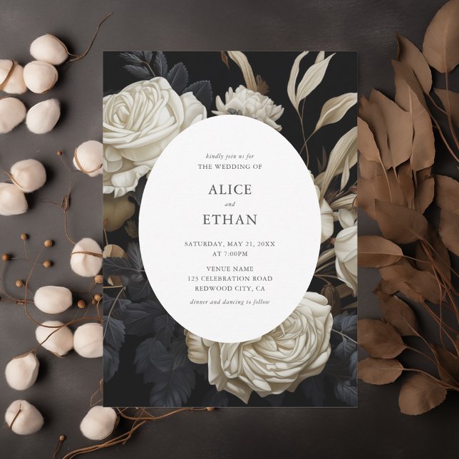 White Roses Blooms Dried Leaves Dark Wedding Invitation (Creator Uploaded)